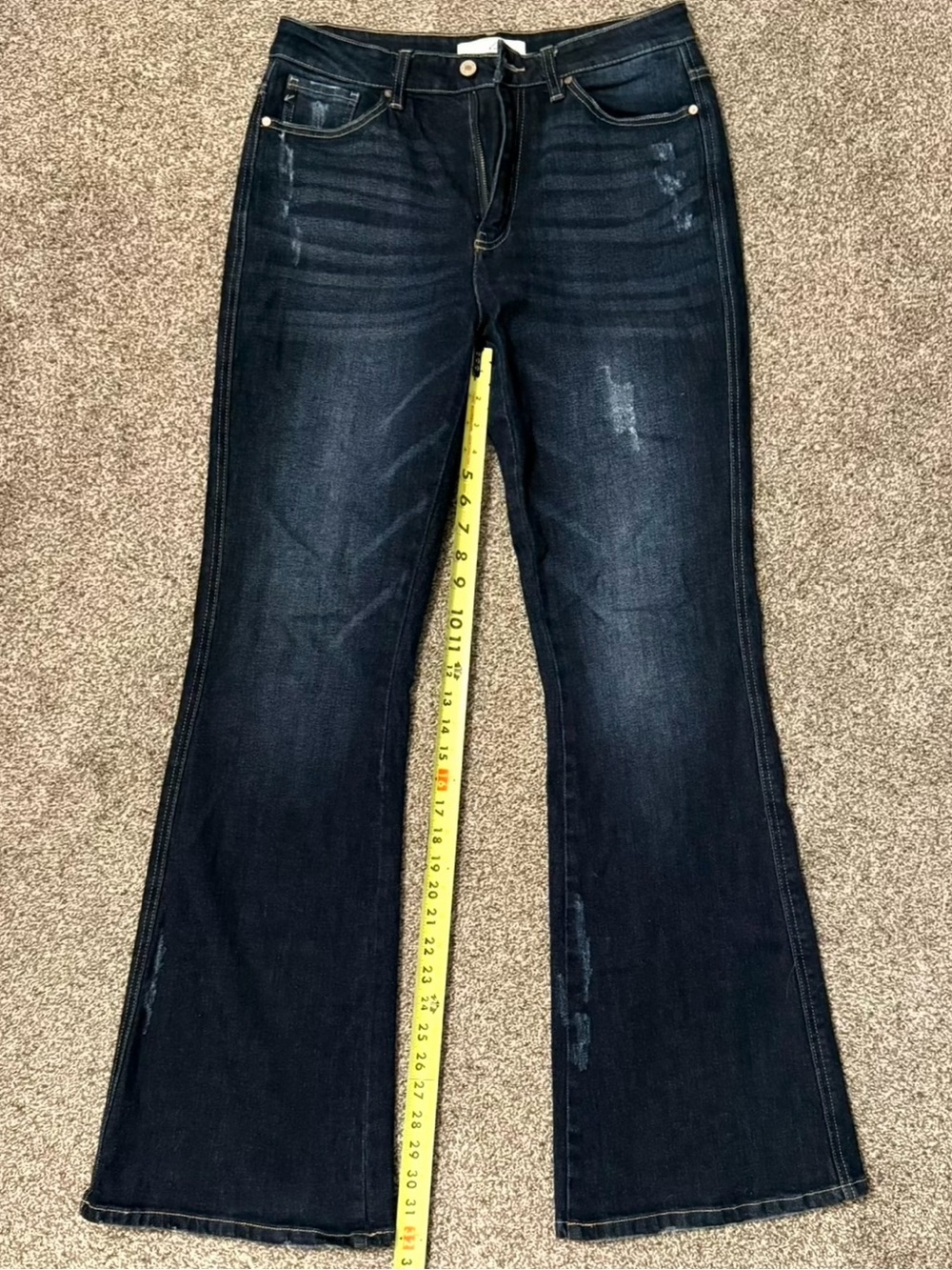 Kancan Dark Wash Mid Rise Distressed Flare Jeans